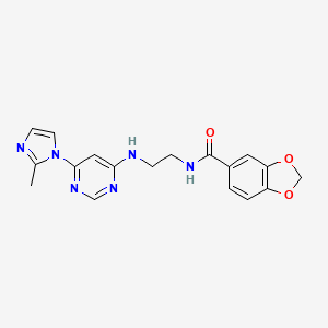 molecular formula C18H18N6O3 B2685165 N-(2-((6-(2-甲基-1H-咪唑-1-基)嘧啶-4-基)氨基)乙基)苯并[d][1,3]二噁唑-5-甲酰胺 CAS No. 1170569-70-6