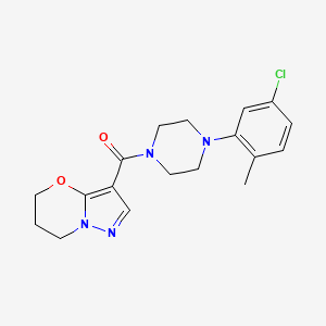 molecular formula C18H21ClN4O2 B2685277 (4-(5-chloro-2-methylphenyl)piperazin-1-yl)(6,7-dihydro-5H-pyrazolo[5,1-b][1,3]oxazin-3-yl)methanone CAS No. 1428355-16-1