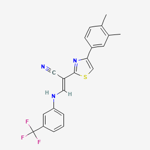 molecular formula C21H16F3N3S B2685294 (E)-2-(4-(3,4-dimethylphenyl)thiazol-2-yl)-3-((3-(trifluoromethyl)phenyl)amino)acrylonitrile CAS No. 477186-54-2