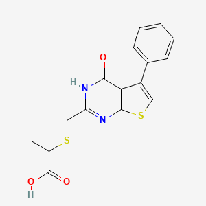 molecular formula C16H14N2O3S2 B2685349 2-[({4-氧代-5-苯基-3H,4H-噻吩[2,3-d]嘧啶-2-基}甲基)硫代]丙酸 CAS No. 852933-47-2