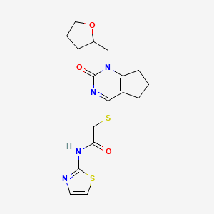 molecular formula C17H20N4O3S2 B2685398 2-((2-oxo-1-((tetrahydrofuran-2-yl)methyl)-2,5,6,7-tetrahydro-1H-cyclopenta[d]pyrimidin-4-yl)thio)-N-(thiazol-2-yl)acetamide CAS No. 899756-32-2