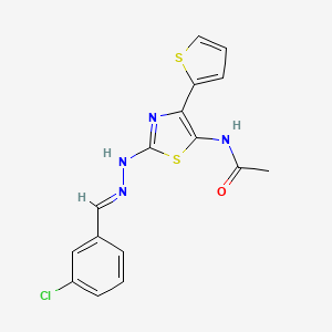 molecular formula C16H13ClN4OS2 B2685410 (E)-N-(2-(2-(3-chlorobenzylidene)hydrazinyl)-4-(thiophen-2-yl)thiazol-5-yl)acetamide CAS No. 617693-92-2