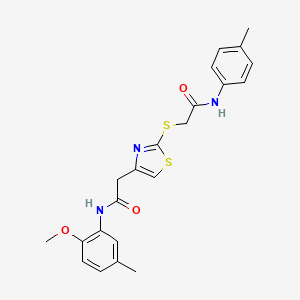 molecular formula C22H23N3O3S2 B2685518 N-(2-methoxy-5-methylphenyl)-2-(2-((2-oxo-2-(p-tolylamino)ethyl)thio)thiazol-4-yl)acetamide CAS No. 941922-19-6
