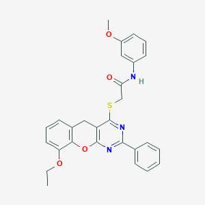 molecular formula C28H25N3O4S B2685596 2-((9-ethoxy-2-phenyl-5H-chromeno[2,3-d]pyrimidin-4-yl)thio)-N-(3-methoxyphenyl)acetamide CAS No. 866588-98-9