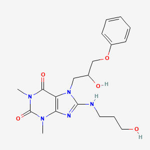 molecular formula C19H25N5O5 B2685659 7-(2-hydroxy-3-phenoxypropyl)-8-((3-hydroxypropyl)amino)-1,3-dimethyl-1H-purine-2,6(3H,7H)-dione CAS No. 868146-43-4