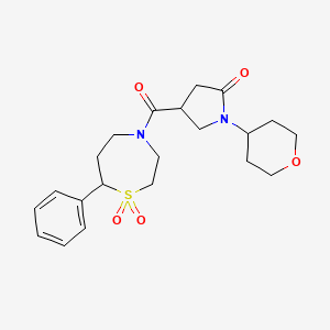 molecular formula C21H28N2O5S B2685686 4-(1,1-dioxido-7-phenyl-1,4-thiazepane-4-carbonyl)-1-(tetrahydro-2H-pyran-4-yl)pyrrolidin-2-one CAS No. 2034382-68-6