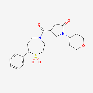 molecular formula C21H28N2O5S B2685686 4-[1-(oxan-4-yl)-5-oxopyrrolidine-3-carbonyl]-7-phenyl-1lambda6,4-thiazepane-1,1-dione CAS No. 2034382-68-6