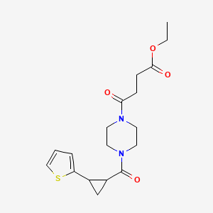 molecular formula C18H24N2O4S B2685702 Ethyl 4-oxo-4-(4-(2-(thiophen-2-yl)cyclopropanecarbonyl)piperazin-1-yl)butanoate CAS No. 1211335-18-0