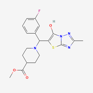 molecular formula C19H21FN4O3S B2685733 Methyl 1-((3-fluorophenyl)(6-hydroxy-2-methylthiazolo[3,2-b][1,2,4]triazol-5-yl)methyl)piperidine-4-carboxylate CAS No. 851810-42-9