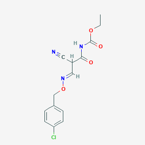 molecular formula C14H14ClN3O4 B2685735 ethyl N-(3-{[(4-chlorobenzyl)oxy]imino}-2-cyanopropanoyl)carbamate CAS No. 477853-54-6