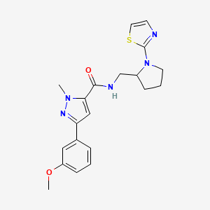 molecular formula C20H23N5O2S B2685767 3-(3-methoxyphenyl)-1-methyl-N-((1-(thiazol-2-yl)pyrrolidin-2-yl)methyl)-1H-pyrazole-5-carboxamide CAS No. 1795492-76-0