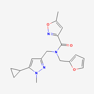 molecular formula C18H20N4O3 B2685975 N-((5-cyclopropyl-1-methyl-1H-pyrazol-3-yl)methyl)-N-(furan-2-ylmethyl)-5-methylisoxazole-3-carboxamide CAS No. 1798487-70-3