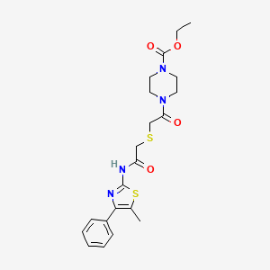 molecular formula C21H26N4O4S2 B2685978 Ethyl 4-(2-((2-((5-methyl-4-phenylthiazol-2-yl)amino)-2-oxoethyl)thio)acetyl)piperazine-1-carboxylate CAS No. 681225-18-3