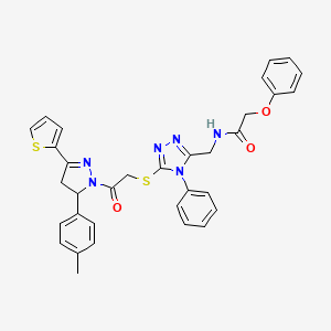 molecular formula C33H30N6O3S2 B2686001 N-[[5-[2-[3-(4-methylphenyl)-5-thiophen-2-yl-3,4-dihydropyrazol-2-yl]-2-oxoethyl]sulfanyl-4-phenyl-1,2,4-triazol-3-yl]methyl]-2-phenoxyacetamide CAS No. 393584-99-1