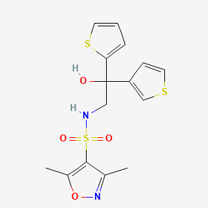 molecular formula C15H16N2O4S3 B2686062 N-(2-hydroxy-2-(thiophen-2-yl)-2-(thiophen-3-yl)ethyl)-3,5-dimethylisoxazole-4-sulfonamide CAS No. 2034237-75-5