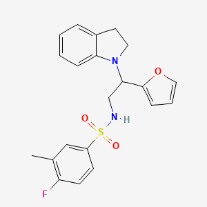 molecular formula C21H21FN2O3S B2686064 4-fluoro-N-(2-(furan-2-yl)-2-(indolin-1-yl)ethyl)-3-methylbenzenesulfonamide CAS No. 898432-84-3