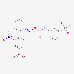 molecular formula C20H17F3N4O6 B2686152 2,4-二硝基-1-{2-[({[3-(三氟甲基)苯胺]羰基}氧基)亚胺基]环己基}苯 CAS No. 478046-70-7