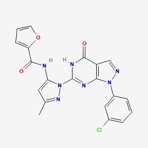 molecular formula C20H14ClN7O3 B2686174 N-(1-(1-(3-chlorophenyl)-4-oxo-4,5-dihydro-1H-pyrazolo[3,4-d]pyrimidin-6-yl)-3-methyl-1H-pyrazol-5-yl)furan-2-carboxamide CAS No. 1172301-70-0