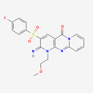 molecular formula C20H17FN4O4S B2686232 5-(4-fluorobenzenesulfonyl)-6-imino-7-(2-methoxyethyl)-1,7,9-triazatricyclo[8.4.0.0^{3,8}]tetradeca-3(8),4,9,11,13-pentaen-2-one CAS No. 848217-78-7