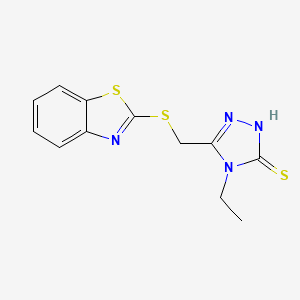 molecular formula C12H12N4S3 B2686262 5-[(1,3-benzothiazol-2-ylsulfanyl)methyl]-4-ethyl-4H-1,2,4-triazole-3-thiol CAS No. 522624-32-4