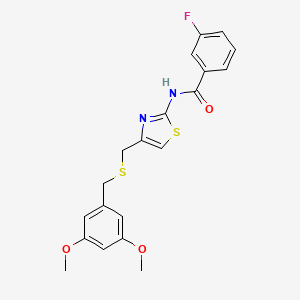 molecular formula C20H19FN2O3S2 B2686284 N-(4-(((3,5-dimethoxybenzyl)thio)methyl)thiazol-2-yl)-3-fluorobenzamide CAS No. 941885-19-4