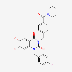 molecular formula C30H30FN3O5 B2686331 1-(4-fluorobenzyl)-6,7-dimethoxy-3-(4-(piperidine-1-carbonyl)benzyl)quinazoline-2,4(1H,3H)-dione CAS No. 1243060-53-8