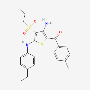 molecular formula C23H26N2O3S2 B2686352 (3-Amino-5-((4-ethylphenyl)amino)-4-(propylsulfonyl)thiophen-2-yl)(p-tolyl)methanone CAS No. 890793-44-9