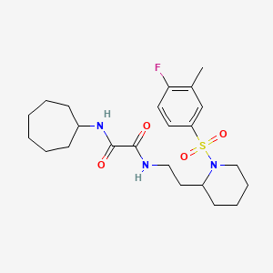 molecular formula C23H34FN3O4S B2686353 N1-cycloheptyl-N2-(2-(1-((4-fluoro-3-methylphenyl)sulfonyl)piperidin-2-yl)ethyl)oxalamide CAS No. 898426-27-2