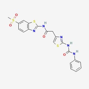 molecular formula C20H17N5O4S3 B2686378 N-(6-(甲磺基)苯并[d]噻唑-2-基)-2-(2-(3-苯基脲基)噻唑-4-基)乙酰胺 CAS No. 921491-13-6