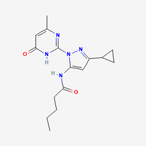 molecular formula C16H21N5O2 B2686379 N-(3-环丙基-1-(4-甲基-6-氧代-1,6-二氢嘧啶-2-基)-1H-吡唑-5-基)戊酰胺 CAS No. 1207043-41-1