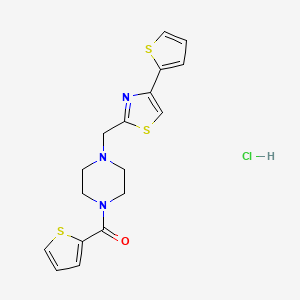 molecular formula C17H18ClN3OS3 B2686401 噻吩-2-基(4-((4-(噻吩-2-基)噻唑-2-基)甲基哌嗪-1-基)甲酮盐酸盐 CAS No. 1215848-80-8