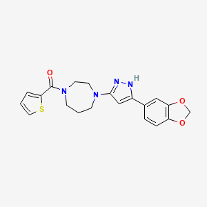 molecular formula C20H20N4O3S B2686499 (4-(3-(benzo[d][1,3]dioxol-5-yl)-1H-pyrazol-5-yl)-1,4-diazepan-1-yl)(thiophen-2-yl)methanone CAS No. 1455461-39-8