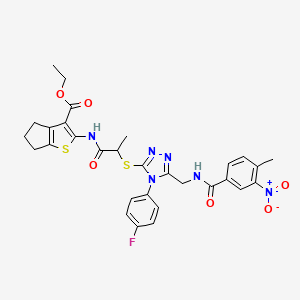 molecular formula C30H29FN6O6S2 B2686505 ethyl 2-(2-((4-(4-fluorophenyl)-5-((4-methyl-3-nitrobenzamido)methyl)-4H-1,2,4-triazol-3-yl)thio)propanamido)-5,6-dihydro-4H-cyclopenta[b]thiophene-3-carboxylate CAS No. 393815-15-1