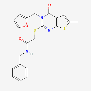 molecular formula C21H19N3O3S2 B2686542 N-benzyl-2-[3-(furan-2-ylmethyl)-6-methyl-4-oxothieno[2,3-d]pyrimidin-2-yl]sulfanylacetamide CAS No. 878682-96-3