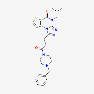 molecular formula C25H30N6O2S B2686585 1-(3-(4-benzylpiperazin-1-yl)-3-oxopropyl)-4-isobutylthieno[2,3-e][1,2,4]triazolo[4,3-a]pyrimidin-5(4H)-one CAS No. 1215779-73-9