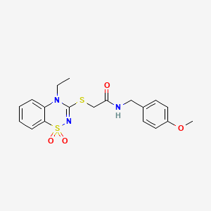 molecular formula C19H21N3O4S2 B2686587 2-((4-ethyl-1,1-dioxido-4H-benzo[e][1,2,4]thiadiazin-3-yl)thio)-N-(4-methoxybenzyl)acetamide CAS No. 941950-69-2