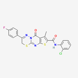 molecular formula C22H14ClFN4O2S2 B2686607 N-(2-chlorophenyl)-2-(4-fluorophenyl)-8-methyl-9-oxo-3,9-dihydrothieno[2',3':4,5]pyrimido[2,1-b][1,3,4]thiadiazine-7-carboxamide CAS No. 866848-00-2