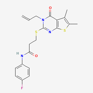 molecular formula C20H20FN3O2S2 B2686656 3-(5,6-dimethyl-4-oxo-3-prop-2-enylthieno[2,3-d]pyrimidin-2-yl)sulfanyl-N-(4-fluorophenyl)propanamide CAS No. 690644-82-7