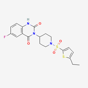 molecular formula C19H20FN3O4S2 B2686692 3-(1-((5-ethylthiophen-2-yl)sulfonyl)piperidin-4-yl)-6-fluoroquinazoline-2,4(1H,3H)-dione CAS No. 2034367-90-1