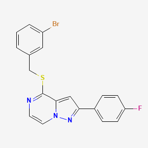 molecular formula C19H13BrFN3S B2686710 4-[(3-Bromobenzyl)thio]-2-(4-fluorophenyl)pyrazolo[1,5-a]pyrazine CAS No. 1105211-52-6
