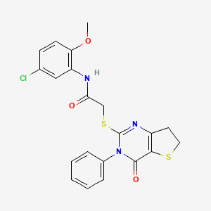 molecular formula C21H18ClN3O3S2 B2686774 N-(5-chloro-2-methoxyphenyl)-2-[(4-oxo-3-phenyl-6,7-dihydrothieno[3,2-d]pyrimidin-2-yl)sulfanyl]acetamide CAS No. 686771-09-5