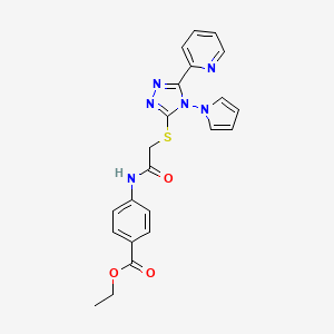 molecular formula C22H20N6O3S B2686778 ethyl 4-[({[5-(pyridin-2-yl)-4-(1H-pyrrol-1-yl)-4H-1,2,4-triazol-3-yl]sulfanyl}acetyl)amino]benzoate CAS No. 886939-19-1