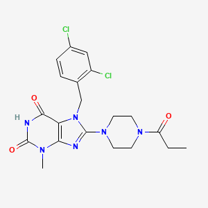 molecular formula C20H22Cl2N6O3 B2686780 7-[(2,4-dichlorophenyl)methyl]-3-methyl-8-(4-propanoylpiperazin-1-yl)-2,3,6,7-tetrahydro-1H-purine-2,6-dione CAS No. 1363975-18-1