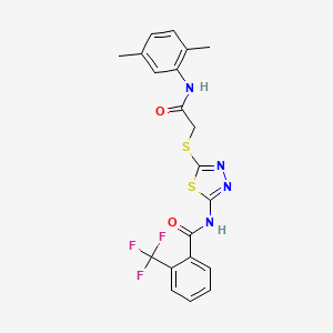 molecular formula C20H17F3N4O2S2 B2686876 N-(5-((2-((2,5-dimethylphenyl)amino)-2-oxoethyl)thio)-1,3,4-thiadiazol-2-yl)-2-(trifluoromethyl)benzamide CAS No. 391869-21-9