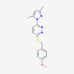 molecular formula C17H18N4OS B2686879 3-(3,5-二甲基-1H-吡唑-1-基)-6-((4-甲氧基苯甲基)硫代)吡啶并 CAS No. 956190-86-6