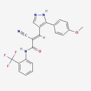 molecular formula C21H15F3N4O2 B2686970 (E)-2-氰基-3-[5-(4-甲氧苯基)-1H-吡唑-4-基]-N-[2-(三氟甲基)苯基]丙-2-烯酰胺 CAS No. 1006192-18-2