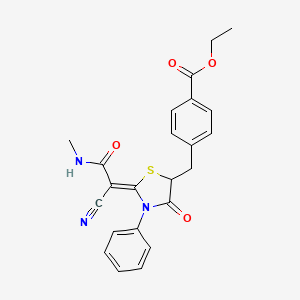 molecular formula C23H21N3O4S B2686973 (Z)-ethyl 4-((2-(1-cyano-2-(methylamino)-2-oxoethylidene)-4-oxo-3-phenylthiazolidin-5-yl)methyl)benzoate CAS No. 797764-23-9