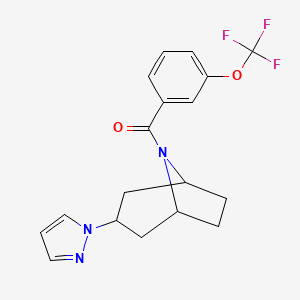 molecular formula C18H18F3N3O2 B2687035 ((1R,5S)-3-(1H-pyrazol-1-yl)-8-azabicyclo[3.2.1]octan-8-yl)(3-(trifluoromethoxy)phenyl)methanone CAS No. 2309185-19-9