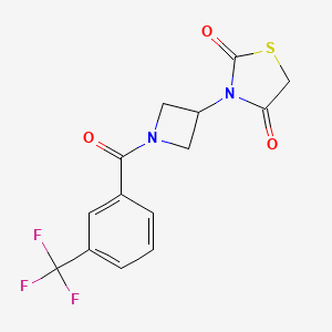 molecular formula C14H11F3N2O3S B2687091 3-(1-(3-(三氟甲基)苯甲酰)氮杂环丁烷-3-基)噻唑烷-2,4-二酮 CAS No. 1798540-42-7