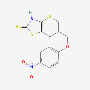 molecular formula C13H10N2O3S3 B2687140 10-硝基-5,5a,6,11b-四氢咯色啉并[4',3':4,5]噻喃[2,3-d]噻唑-2(3H)-硫酮 CAS No. 496020-63-4